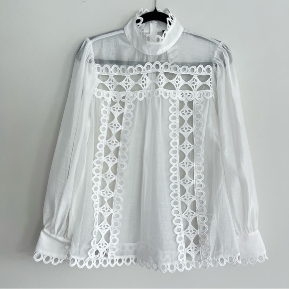 CLOSETTE CHIC NWT White Embroidered Cutout Eyelet Sheer Long Sleeves Blouse Sz M - Picture 4 of 15